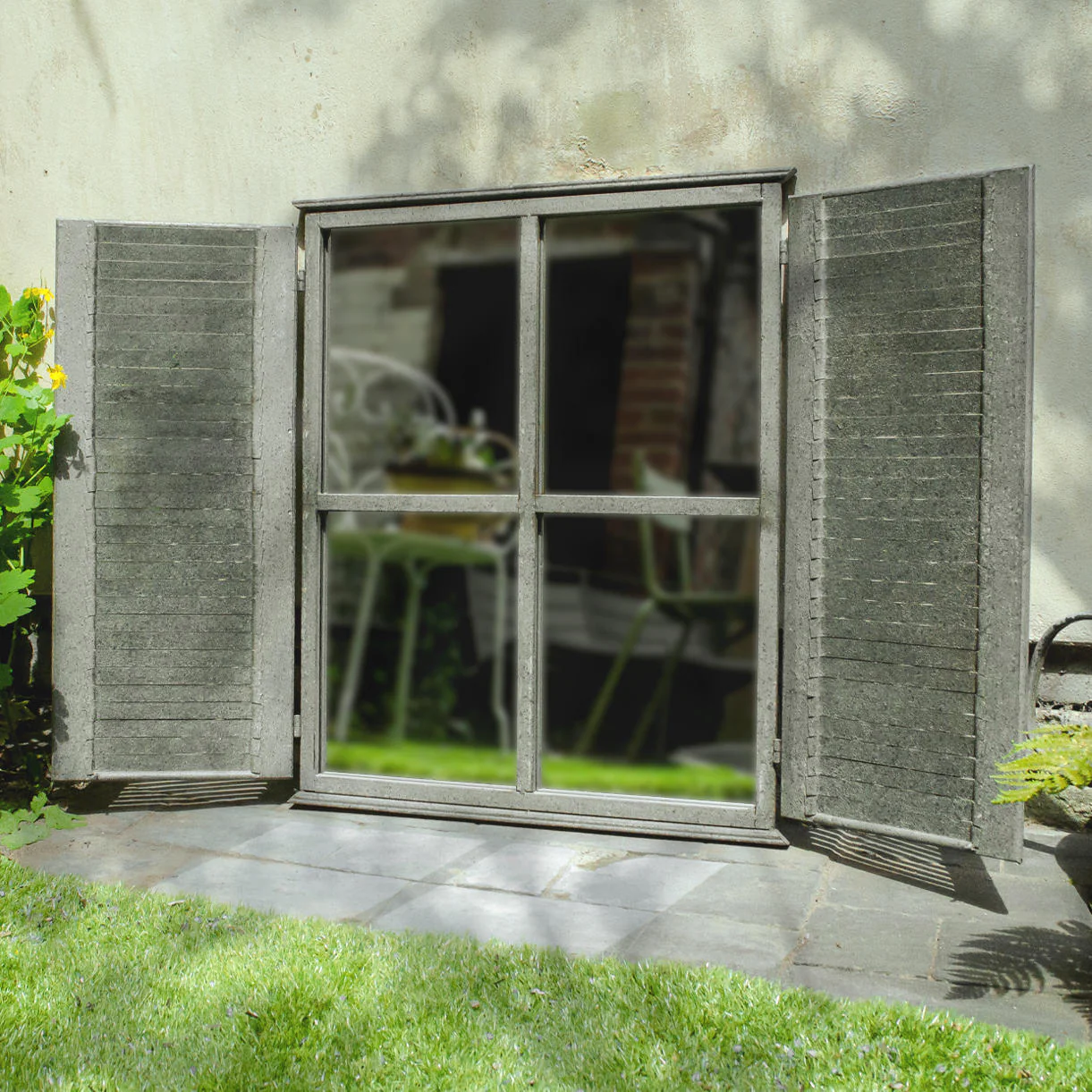 Outdoor Aged Mirror with Shutters