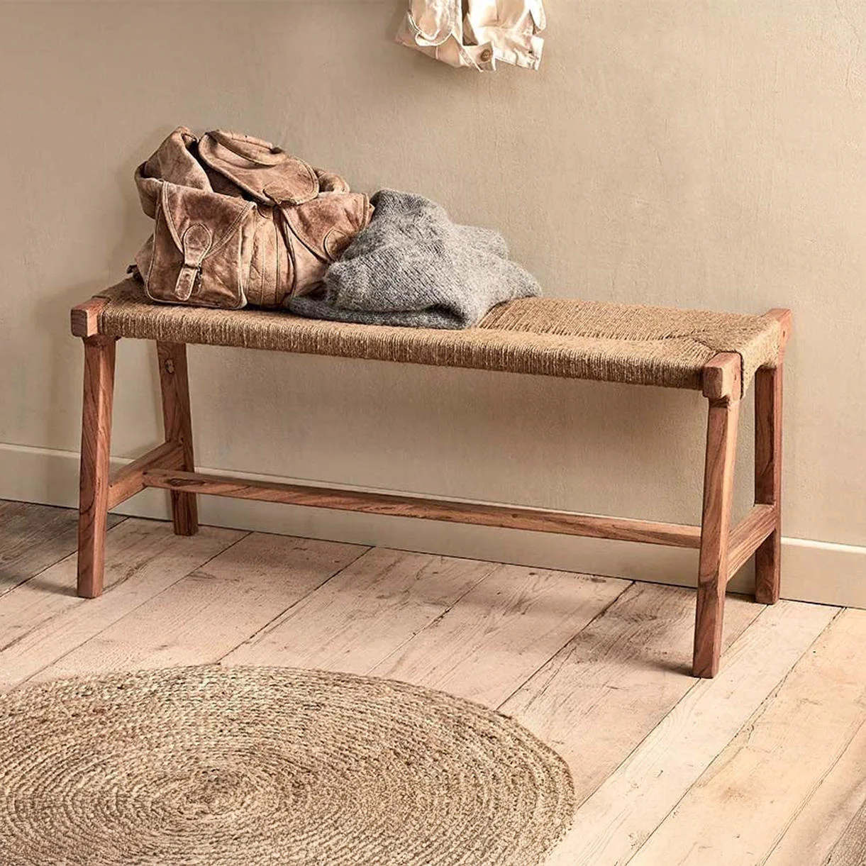 Acacia and Woven Jute Indoor Bench - Image 2