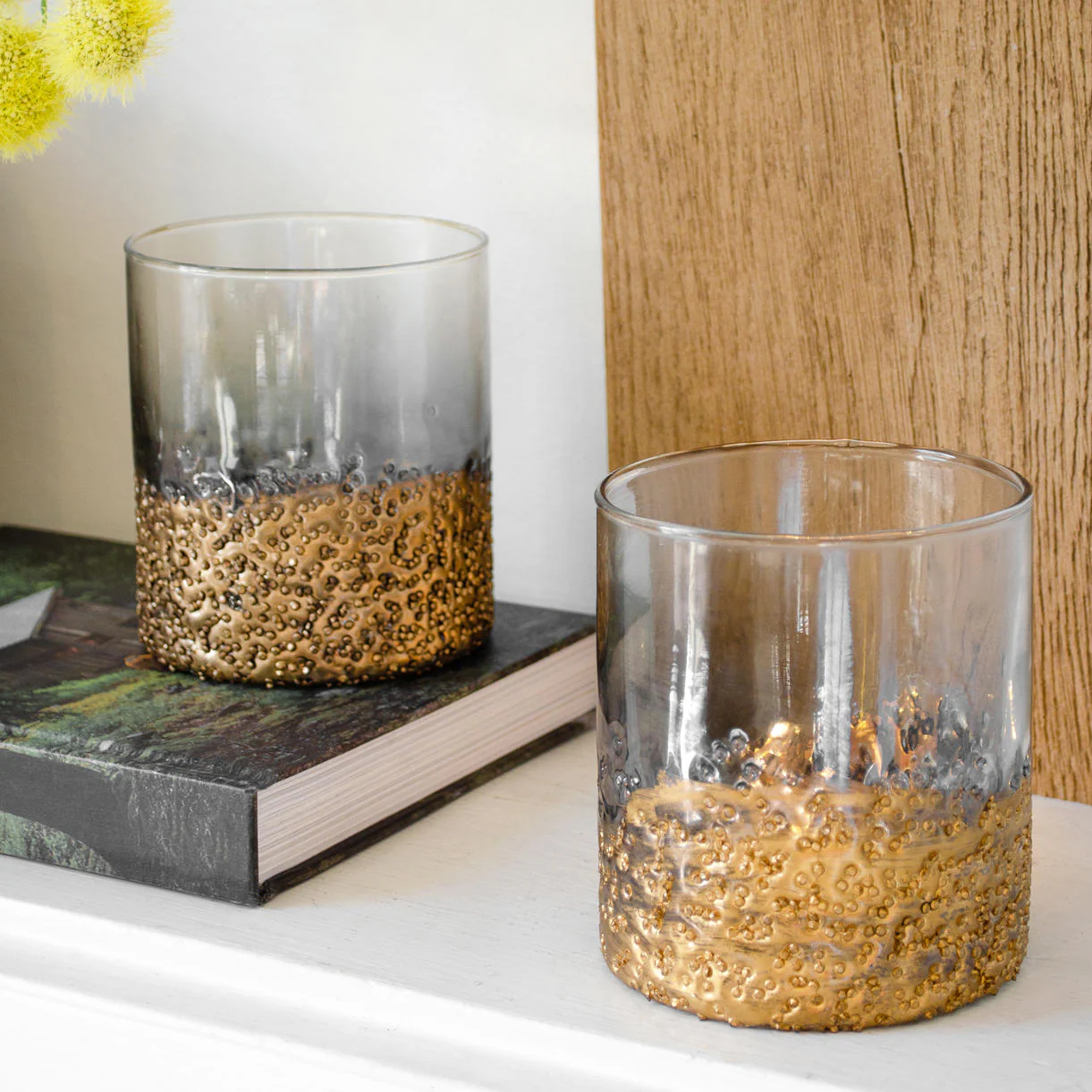Glass Votive with Gold Textured Finish