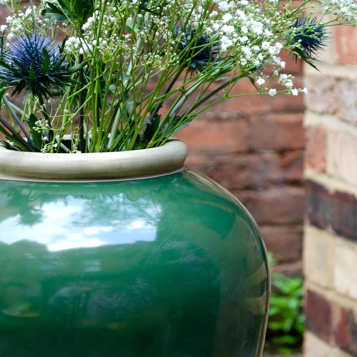 Olive Green Glazed Stone Urn