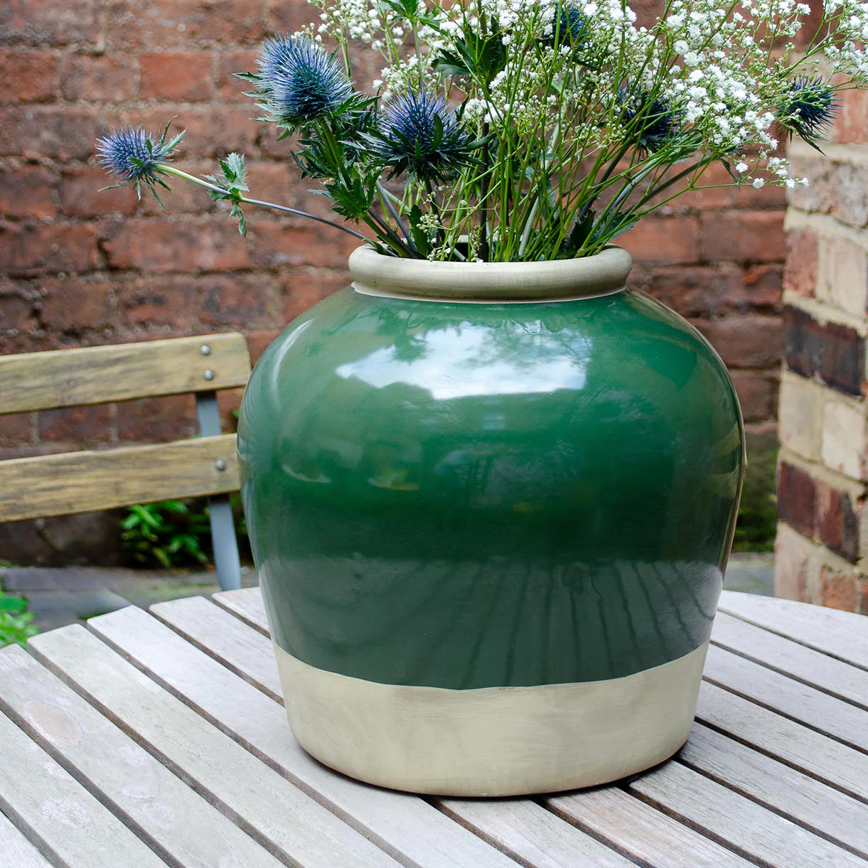 Olive Green Glazed Stone Urn - Image 2