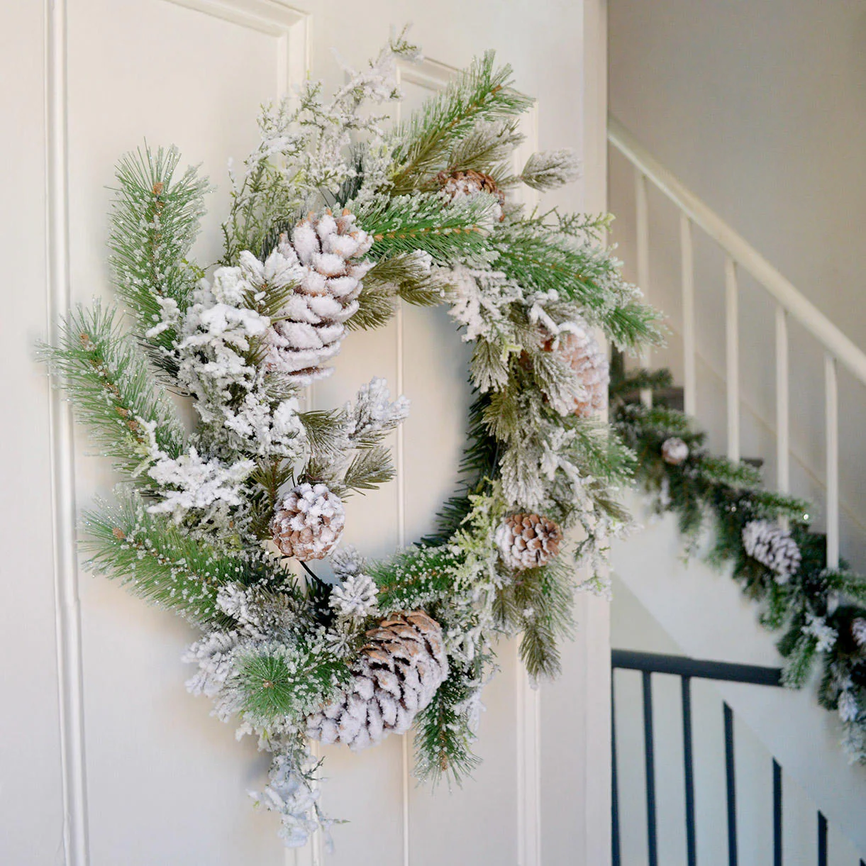 Large Snowy Tipped Pine Wreath with Pinecones - Image 2